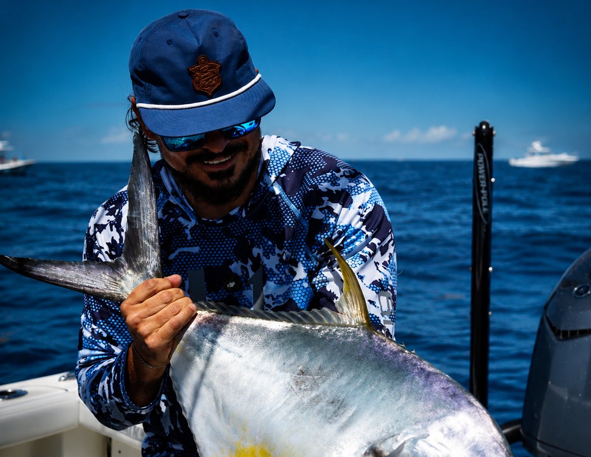 James Marko holding a big permit on deck offshore
